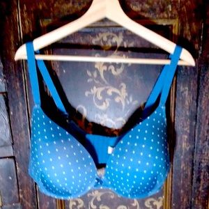 Cacique Blue with White Polka dots Boost Plunge Bra 44DD